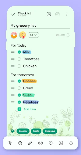 Grocery list checklist in notepad showing checked items organized by day with category tags at bottom