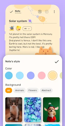 Note customization screen showing color picker, background themes, and style options for personalizing notes