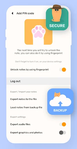 Security settings screen with PIN lock, fingerprint unlock, backup options, and note export features enabled