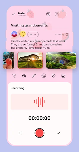 Note with photos and voice recording feature showing timer and record button for audio memos