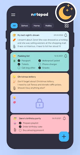 Dark mode notepad interface displaying categorized notes including dreams, packing lists, and birthday reminders