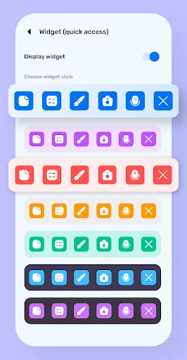 Widget customization screen showing multiple colorful widget style options for quick notepad access
