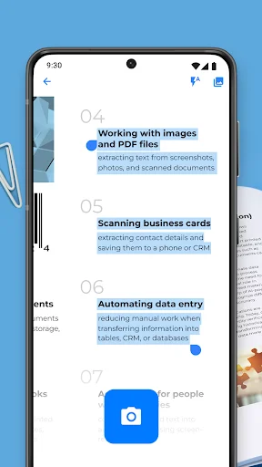 OCR app features list displaying text extraction from images, PDFs, business cards and data entry automation options