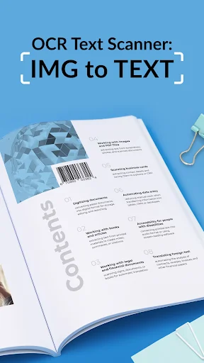 OCR Text Scanner: IMG to TEXT promotional contents page showcasing text extraction features and capabilities