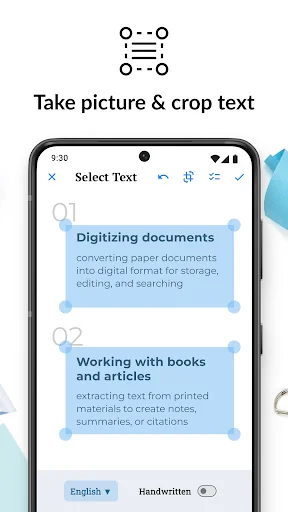 Take picture and crop text interface with document digitizing and book text extraction selection options