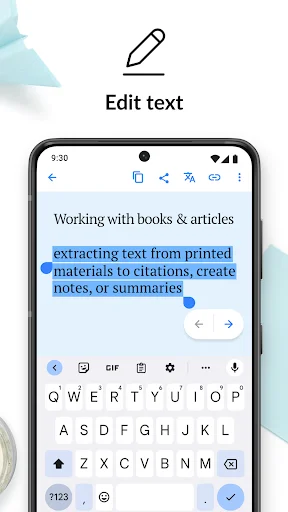 Edit extracted text interface with mobile keyboard for correcting and modifying scanned text content