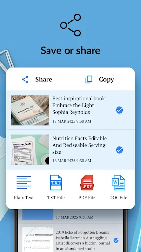 Save and share extracted text panel with export options to Plain Text, TXT, PDF, and DOC file formats