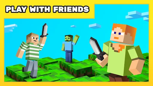 One Block Survival Maps multiplayer mode showing three blocky characters with swords on floating platforms