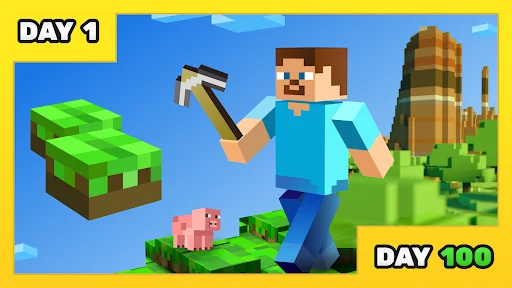 One Block Survival progression from Day 1 to Day 100 featuring character mining blocks with pickaxe and farm animals