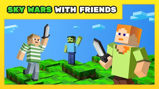 Sky Wars mode in One Block Survival Maps with three players battling on floating island platforms with weapons