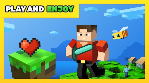 One Block Survival gameplay showing character exploring floating blocks with heart icon and friendly bee companion