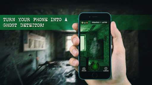 Ghost Detector Paranormal Tool's ghost radar simulator with green interface and circular detection dial on smartphone