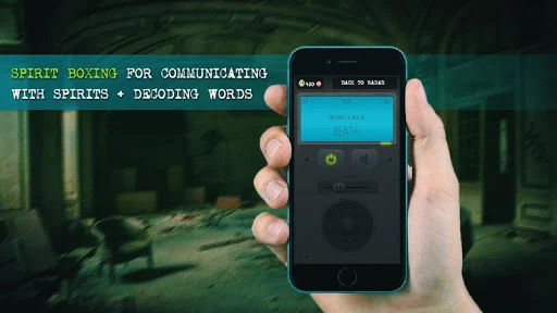 Spirit Box paranormal communication simulator displaying cyan interface for spirit contact and decoding words on app