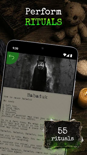 Paranormal ritual simulator showing ritual instructions with ghost imagery and 55 available rituals for supernatural encounters