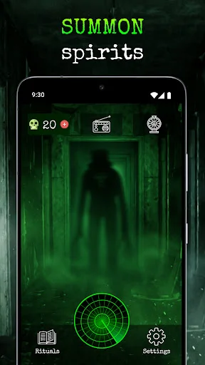 Ghost summoning feature with thermal vision radar showing spirit detection interface and paranormal tools for simulation