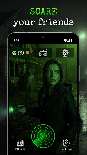 Ghost detector prank simulator with thermal vision showing person detection and ghost radar for scaring friends with effects