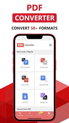 PDF Converter app home displaying 50+ conversion formats: PDF to Word, JPG to PDF, Word to PDF, and PDF manipulation tools