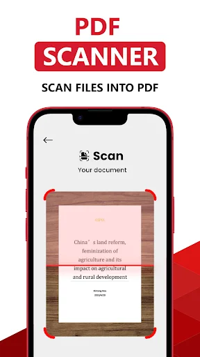 PDF Scanner feature showing document with red corner guides positioned to scan into PDF format