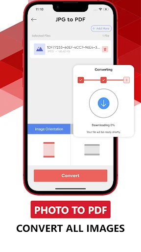 JPG to PDF conversion screen displaying selected image file and conversion progress indicator at 0%
