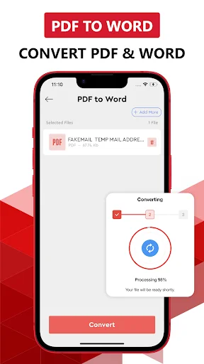 PDF to Word conversion screen with selected file and real-time processing progress indicator at 96%