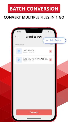 Batch Word to PDF conversion screen showing multiple files with Add More button to include additional documents