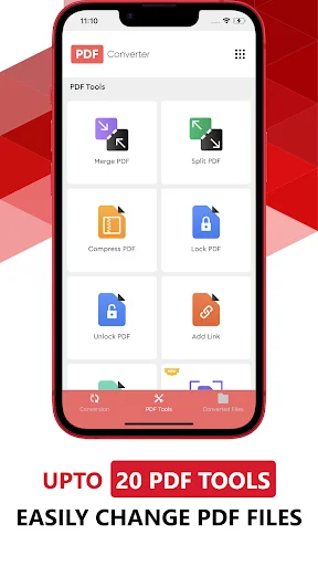 PDF Tools menu displaying 20+ options: Merge PDF, Split PDF, Compress PDF, Lock, Unlock, and Add Link features