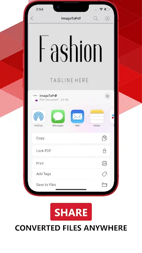 Share menu for converted files with AirDrop, Messages, Mail, Notes, Copy, Lock PDF, Print, and Add Tags options