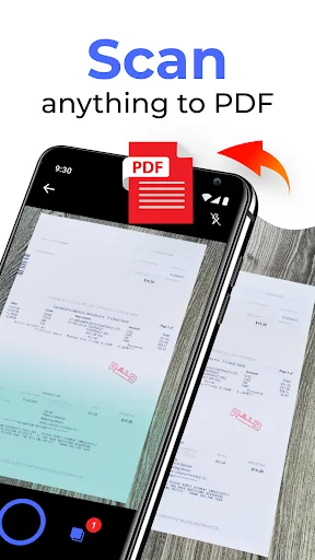 PDF Scanner app scanning document to PDF format with camera interface on mobile phone