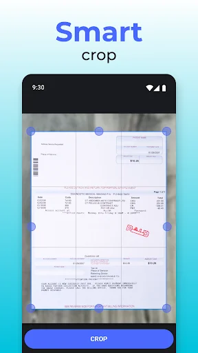 Smart crop feature in PDF Scanner showing document with adjustable corner handles and crop button