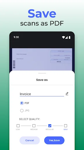 Save scans as PDF dialog showing file format options, quality settings, and save button