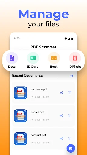 PDF Scanner file management screen with document categories and recent PDF files list