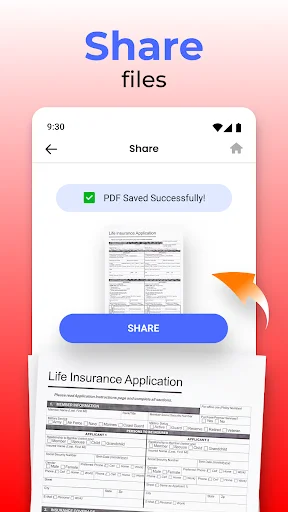 Share PDF files screen showing successful save confirmation and share button