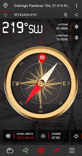 Compass displaying 219° SW with Kaaba Mecca distance 3627.68 km and sunrise time at 07:00