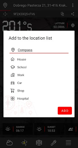 Add location dialog showing saved place options: Compass, House, School, Work, Car, Shop, Hospital with Add button