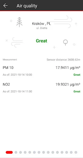 Air quality screen showing Great air quality in Kraków with PM 10 and NO2 measurements and sensor data