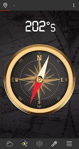 Compass interface showing 202° South direction with minimalist design and bottom navigation menu