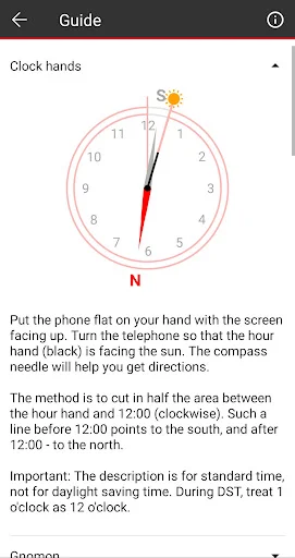 Guide screen demonstrating clock hands method to find directions using sun position and phone orientation