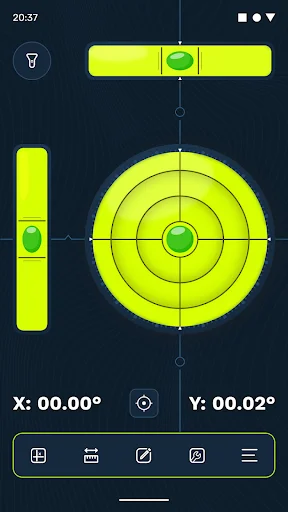 Perfectly level surface reading with centered bubbles showing X: 00.00° and Y: 0.02° measurements