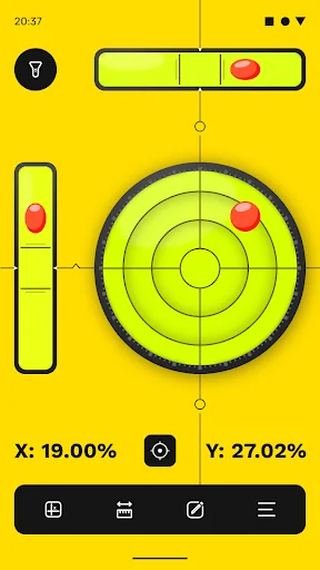 Yellow theme bubble level displaying unlevel surface at X: 19.00% and Y: 27.02% with red bubble indicators