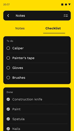 Project checklist feature with to-do items like caliper and painter's tape, and completed tasks below