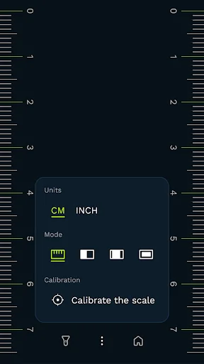 Ruler calibration settings showing CM/INCH unit toggle and scale calibration options with mode selection
