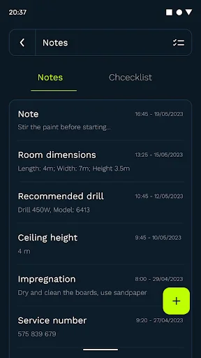 Notes manager displaying saved project measurements including room dimensions, drill specs, and service numbers