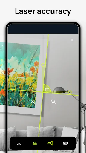 Laser level accuracy mode using camera view with crosshairs overlay measuring 87 degree angle on wall art