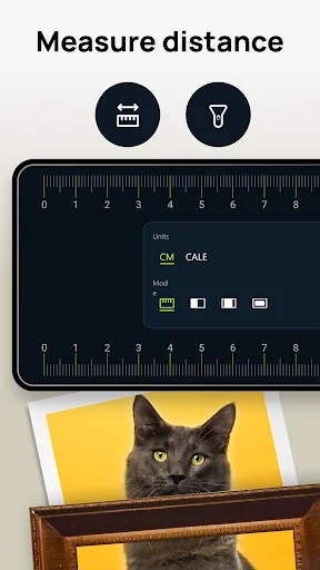 Distance measurement ruler tool showing centimeter scale with unit selection between CM and CALE modes