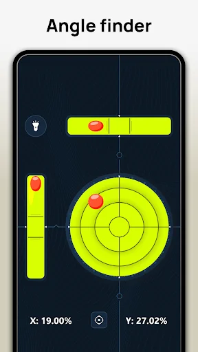 Angle finder bubble level interface displaying X: 19.00% and Y: 27.02% tilt measurements on dark background