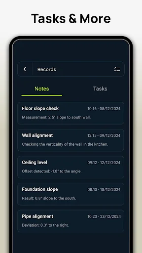 Tasks and notes screen showing saved measurement records including floor slope, wall alignment, and ceiling level checks