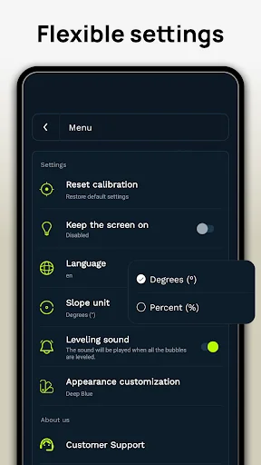 Flexible settings menu with calibration reset, screen timeout, language, slope unit, and leveling sound options