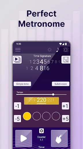 Perfect Metronome app main screen showing 220 BPM tempo slider, time signature, beat counter, and rhythm controls