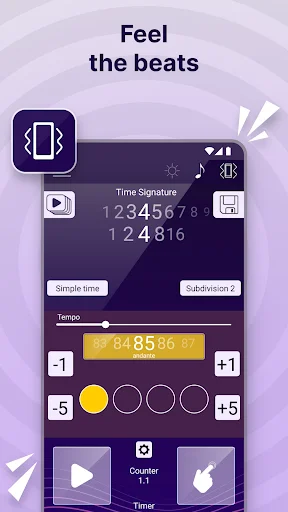 Metronome app beat visualization at 85 BPM with visual beat indicators and subdivision controls for music practice
