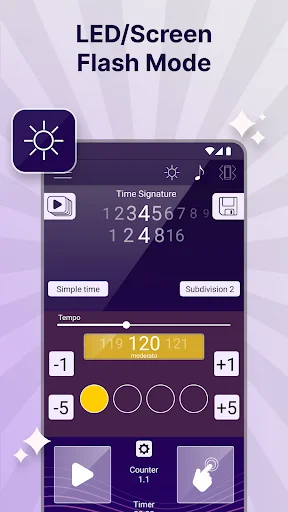 LED screen flash mode in metronome app at 120 BPM with visual beat flash feature for music timing